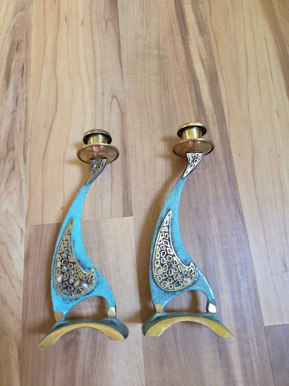 Set of 2 Vintage Turquoise Brass enameled Cloisonne Candle Holders from Israel